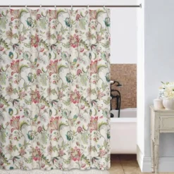 Ellis Curtain Shop 19 Ellis Curtain Brissac Classic Floral Design Button Holes Shower Curtain 70" X 72" Red
