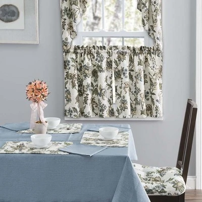 Ellis Curtain Madison Floral Design Printed Natural Ground 1.5" Rod Pocket Tailored Tier Blue 2 Ellis Curtain Madison Floral Design Printed Natural Ground 1.5" Rod Pocket Tailored Tier Blue - Image 2