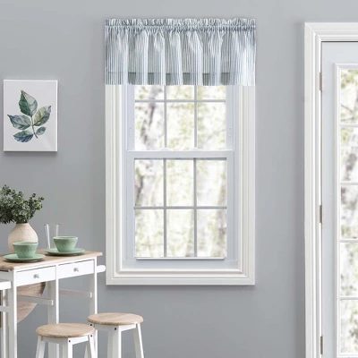 Ellis Curtain Plaza Classic Ticking Stripe Printed On Natural Ground 1.5" Rod Pocket Tailored Valance 58" X 15" Blue 1 Ellis Curtain Plaza Classic Ticking Stripe Printed On Natural Ground 1.5" Rod Pocket Tailored Valance 58" X 15" Blue