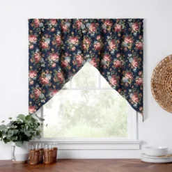 Ellis Bella Rose Stylish Medium Scale Printed Floral Pattern 1.5" Rod Pocket Tailored Swag 56"x36" Navy