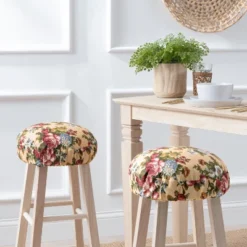Ellis Bella Rose Stylish Medium Scale Printed Floral Pattern Elastic Bottom Edge Barstool Cover 13"x13" Butter
