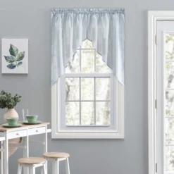 Ellis Curtain Plaza Classic Ticking Stripe Printed On Natural Ground 1.5" Rod Pocket Tailored Swag 56" X 36" Blue