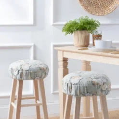 Ellis Bella Rose Stylish Medium Scale Printed Floral Pattern Elastic Bottom Edge Barstool Cover 13"x13" Mist
