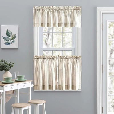 Ellis Curtain Plaza Classic Ticking Stripe Printed On Natural Ground 1.5" Rod Pocket Tailored Valance 58" X 15" Tan 2 Ellis Curtain Plaza Classic Ticking Stripe Printed On Natural Ground 1.5" Rod Pocket Tailored Valance 58" X 15" Tan - Image 2