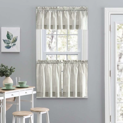 Ellis Curtain Plaza Classic Ticking Stripe Printed On Natural Ground 1.5" Rod Pocket Tailored Tiers Sage 1 Ellis Curtain Plaza Classic Ticking Stripe Printed On Natural Ground 1.5" Rod Pocket Tailored Tiers Sage