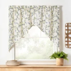 Ellis Vintage Stylish Medium Scale Printed Vine Pattern 1.5" Rod Pocket Tailored Swag 56"x36" Azure