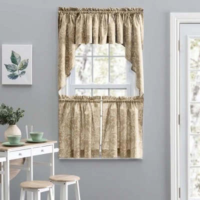 Ellis Curtain Lexington Leaf Pattern On Colored Ground Tailored Valance 58"x15" Tan 2 Ellis Curtain Lexington Leaf Pattern On Colored Ground Tailored Valance 58"x15" Tan - Image 2