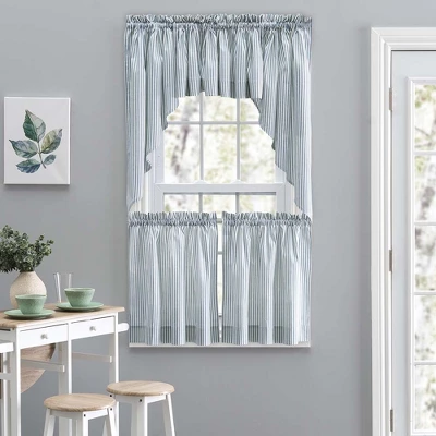 Ellis Curtain Plaza Classic Ticking Stripe Printed On Natural Ground 1.5" Rod Pocket Tailored Valance 58" X 15" Blue 3 Ellis Curtain Plaza Classic Ticking Stripe Printed On Natural Ground 1.5" Rod Pocket Tailored Valance 58" X 15" Blue - Image 3