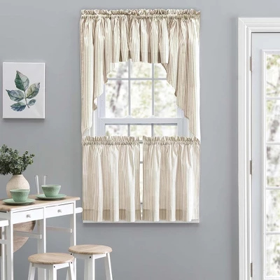 Ellis Curtain Plaza Classic Ticking Stripe Printed On Natural Ground 1.5" Rod Pocket Tailored Valance 58" X 15" Tan 3 Ellis Curtain Plaza Classic Ticking Stripe Printed On Natural Ground 1.5" Rod Pocket Tailored Valance 58" X 15" Tan - Image 3