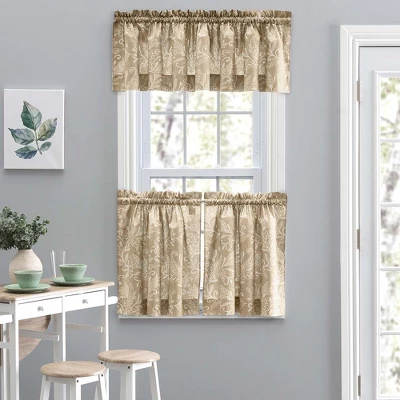Ellis Curtain Lexington Leaf Pattern On Colored Ground Tailored Valance 58"x15" Tan 1 Ellis Curtain Lexington Leaf Pattern On Colored Ground Tailored Valance 58"x15" Tan