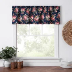 Ellis Bella Rose Stylish Medium Scale Printed Floral Pattern 1.5" Rod Pocket Tailored Valance 58"x15" Navy